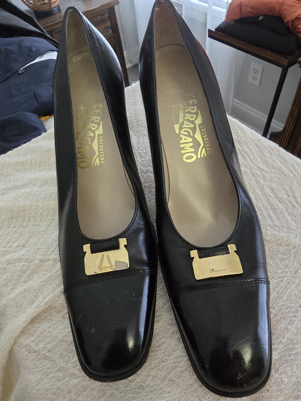 Salvatore Ferragamo Black Leather Pumps with Gold Buckle
